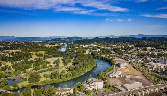Aerial view of town with trees and a river.